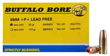 Buffalo Bore Ammunition 24G20 Buffalo-Barnes Strictly Business 9mmLuger +P+ 95gr Barnes TAC-XP Lead Free 20 Per Box/12 Case